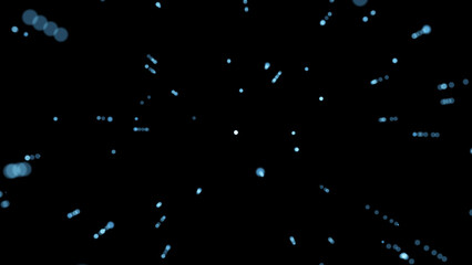 Abstract round blue particles in rays of light in the wind. 3 D. 4K. Isolated black background.