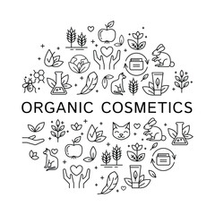 Organic Cosmetics Round Design Template Thin Line Icon Concept for Promotion, Marketing and Advertising. Vector illustration
