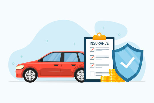 car insurance business protection with paper check. car service concept and shield. vector illustration flat design