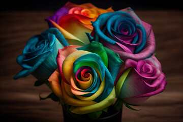 Fototapeta na wymiar Colorful Roses Bouquet in rainbow colors, LGBTQ+ colors, illustration, Generative AI