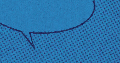 Closeup of a vintage comic book page with dot printing pattern and empty speech bubble with blue...