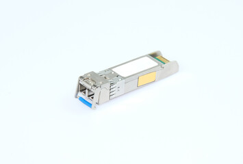 10 gigabit (LR) sfp modules for network switch isolated on white background, Fiber transceiver singlemode