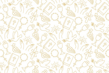 seamless pattern with christian religion icons: holy communion, chalice, grapes, praying hands, candle, dove with olive twig, rosary and bible - vector illustration