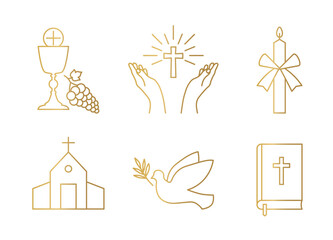 golden christianity icon set; holy communion, chalice and grapes, praying hands, candle, church, dove with olive twig and bible - vector illustration - 573608409