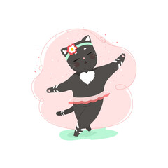 Joyful Cat in a skirt dancing, Cute cat character in flat style. Vector illustration of a pet.