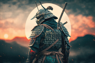 illustration painting A samurai with a katana stands ready to fight against a huge army. 3D illustration. 3D illustration, digital art style. (ai generated)