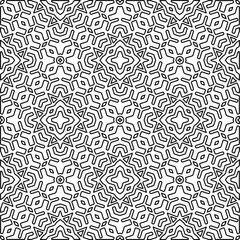 Fototapeta premium Monochrome ornamental texture with smooth linear shapes, zigzag lines, lace pattern.Abstract geometric black and white pattern for web page, textures, card, poster, fabric, textile.