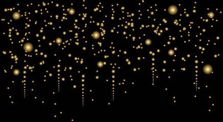 Shiny stars on a black background. Golden sparkling lights. Festive glow. Magic star effect. Glitter background. Designing a holiday party.