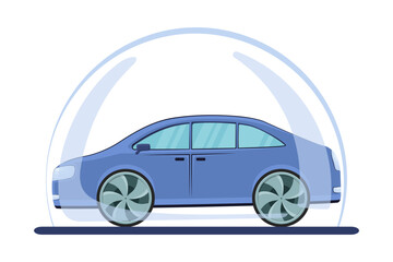 Illustration of car side view, car insurance, car protection concept, clipart car under a protective dome, vector