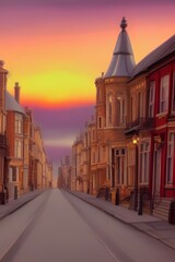 Naklejka premium Painting of a victorian style street with sunset - generative ai