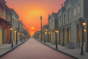 Painting of a victorian style street with sunset - generative ai