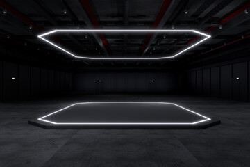 Exhibition stand for mockup and Corporate identity,Display design. Empty booth Design.Neon light in Exhibition hall. booth Design trade show.3D Background for online Event,conference,live.3d render.	