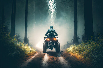 riding atv in the forest on road among trees, generative ai - obrazy, fototapety, plakaty