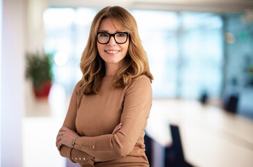 Attractive middle aged businesswoman looking at camera and smiling while standing in the boardroom