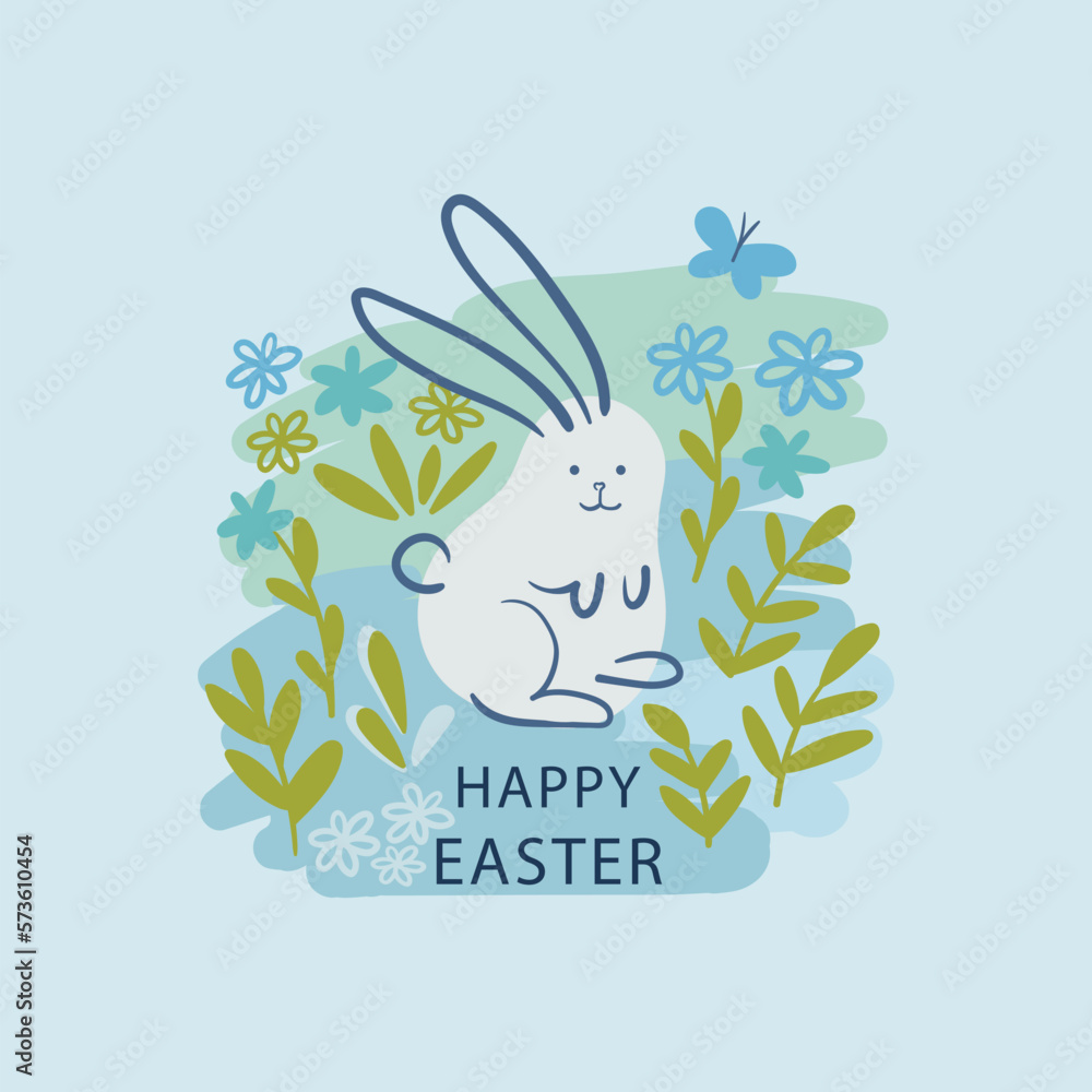 Fototapete easter bunny set. simple pattern, linear hand drawn in a minimalistic style. rabbit - spot