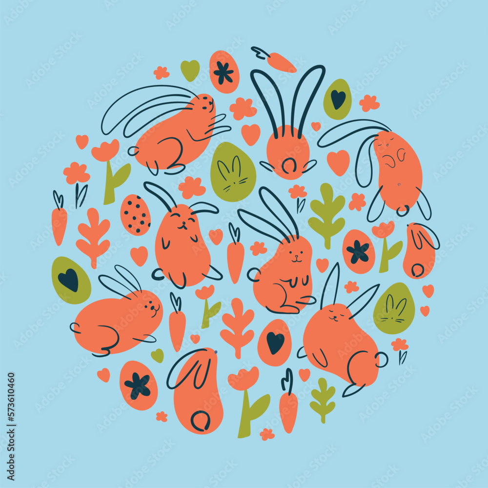 Fototapete easter bunny set. simple pattern, linear hand drawn in a minimalistic style. rabbit - spot