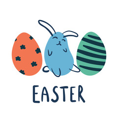 Easter eggs and happy cute bunny on white background vector illustration