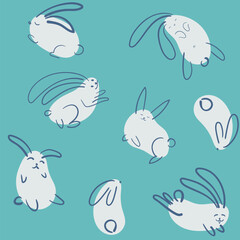 Easter Bunny Set. Simple pattern, linear Hand drawn in a minimalistic style. Rabbit - spot