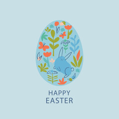 Vector Illustration of Happy Easter Holiday with Painted Egg, Rabbit Ears and Flower
