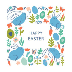 Decorative frame for Easter eggs. Greeting card with Easter eggs, flowers and leaves. Easter egg vector flat hand draw illustration