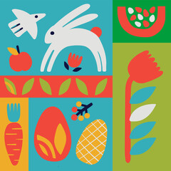Vector Easter cards with  spring flower, egg, bunny and running rabbit - Happy Easter in the flat style hand drawn