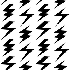 Black lightning bolts seamless pattern. Thunderbolts repeating background. Storm and lightning strike ornament wallpaper. High voltage symbols. Rock music backdrop. Vector