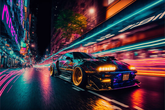 Tokyo streets, drift car with neon underlights