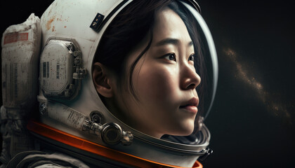 Close up portrait of a asian female astronaut in space created using Generative AI.