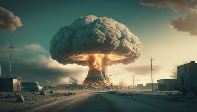 Mushroom cloud after atomic bomb explosion in city. The concept of nuclear war. AI generated