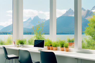 Homeoffice with beautiful mountain and lakeview, cozy with plants, created with Generative AI