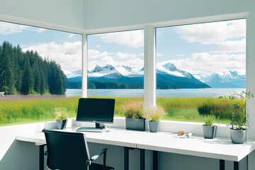Homeoffice with beautiful mountain and lakeview, cozy with plants, created with Generative AI