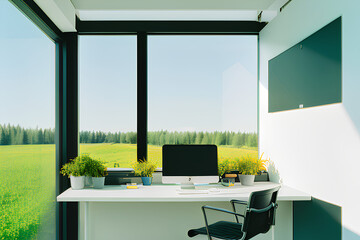 Homeoffice with beautiful rural view, cozy with plants, created with Generative AI
