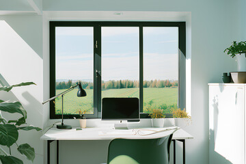 Homeoffice with beautiful rural view, cozy with plants, created with Generative AI