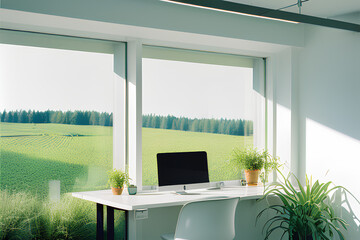 Homeoffice with beautiful rural view, cozy with plants, created with Generative AI