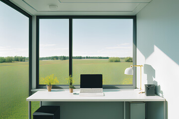 Homeoffice with beautiful rural view, cozy with plants, created with Generative AI