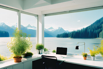 Homeoffice with beautiful mountain and lakeview, cozy with plants, created with Generative AI