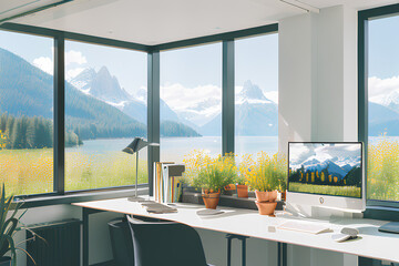 Homeoffice with beautiful mountain and lakeview, cozy with plants, created with Generative AI