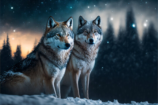 wolf in a snowy forest with the northern lights