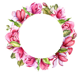 Pink magnolia Flower Wreath Watercolor Illustration, Magnolia Frame on white background