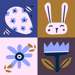 Happy Easter vector illustration concept with bunny, eggs and flowers.