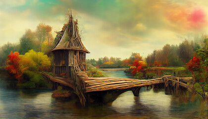 Fairy house on the river and wooden bridge, Photomanipulation, 3D redering, Detailed, colored. Generative Ai