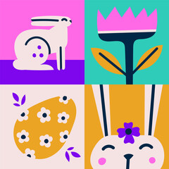 Happy Easter vector illustration concept with bunny, eggs and flowers.