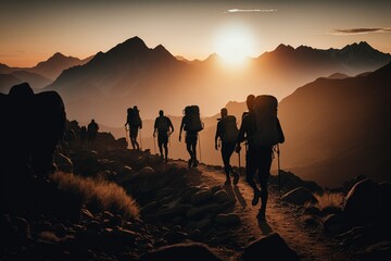 Behind view of group of hiker tourists walks on mountains at sunset, silhouette, generative ai
