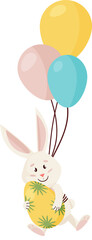 Bunny Character. Flying and Smile on Three Balloons Funny, Happy Easter Cartoon Rabbit with Egg. PNG