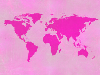 World map in pink backgrounds. Silhouettes of continents on watercolor paper. 