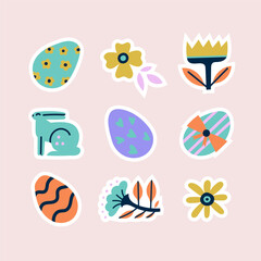 Happy Easter vector stickers with bunny, eggs, flowers.