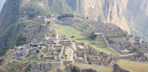 Machu Picchu's landscape with old stone unique constructions and monstains