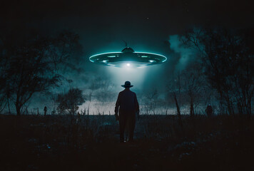 alien ship UFO approaching a cowboy at night, silhouette of an alien abduction, generative ai
