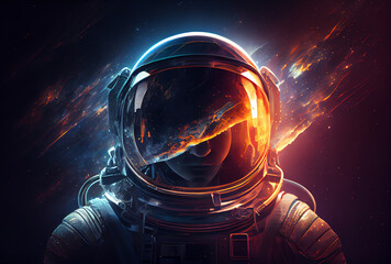 Obraz na płótnie Canvas portrait of an astronaut with reflection of an explosion in visor, generative ai