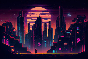 Cyberpunk neon city night. Futuristic city scene in a style of pixel art. 80's wallpaper. Retro future